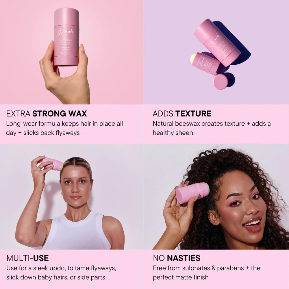 Mermade Hair styling wax stick pink pack flyaways smoothed with natural beeswax.