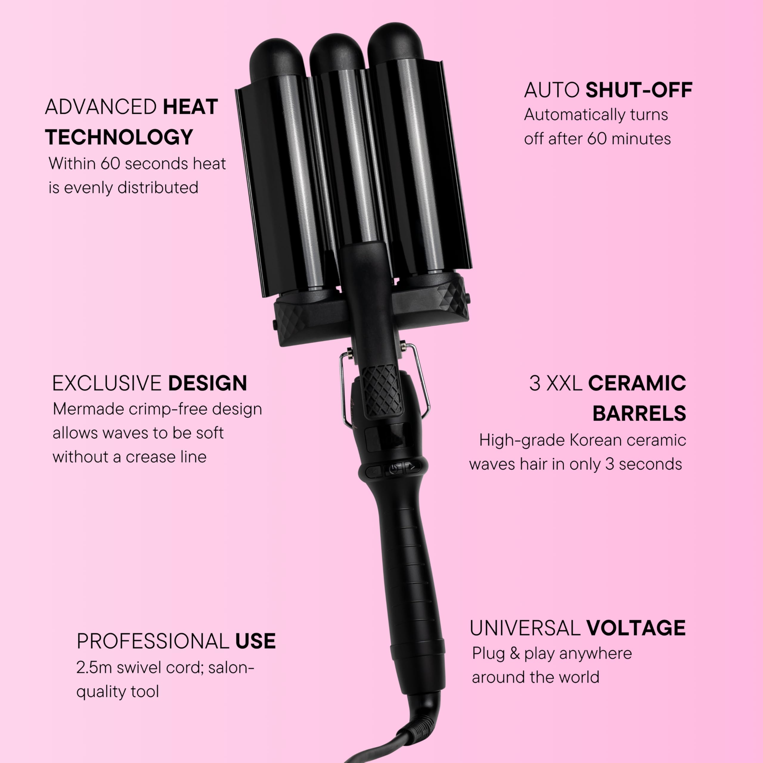 Mermade Hair Waver with brush for brushing out waves into smooth volume.