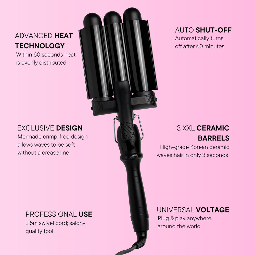 Mermade Hair Waver with brush for brushing out waves into smooth volume.