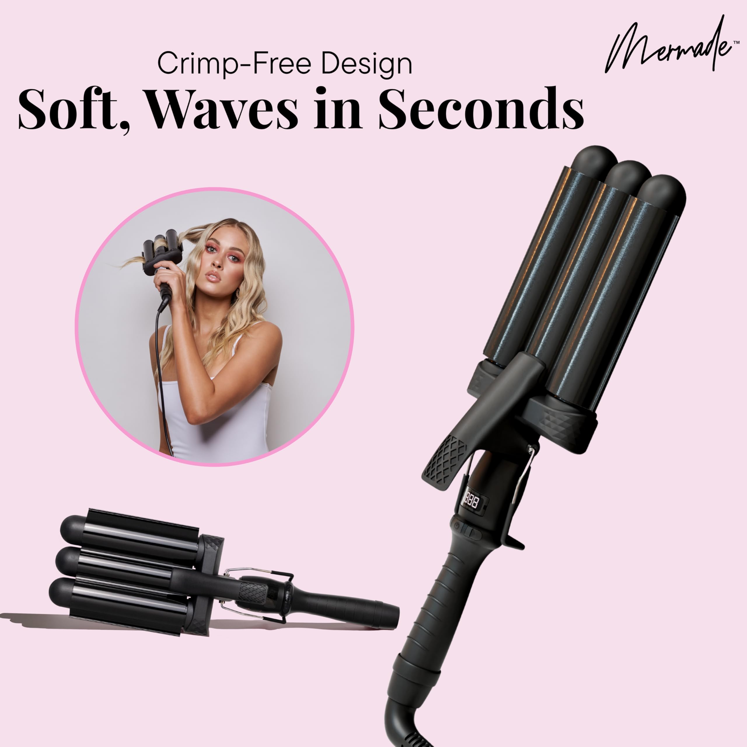 Mermade Hair Waver ceramic barrel close-up highlights smooth heat.