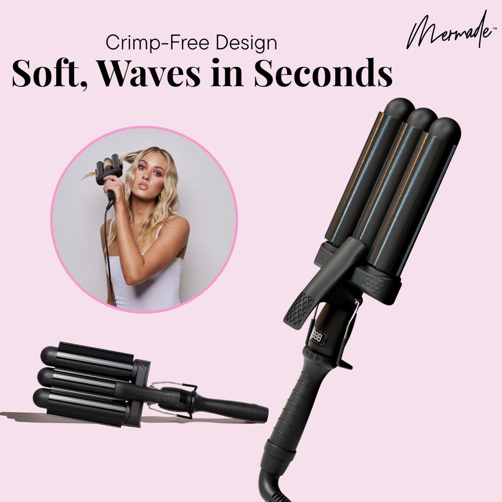 Mermade Hair Waver ceramic barrel close-up highlights smooth heat.