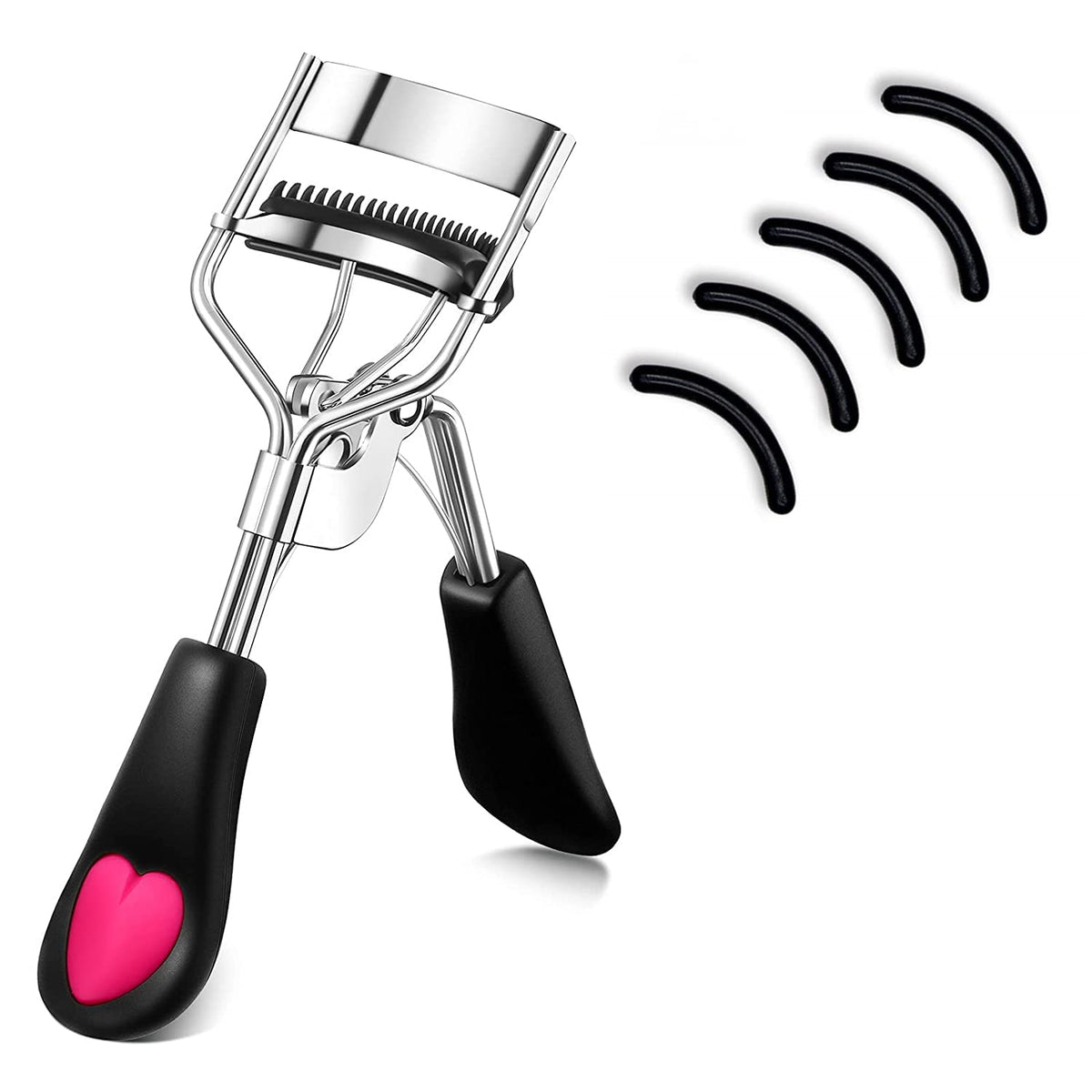 MERVK eyelash curler with built-in comb delivers neat curl and lash separation.
