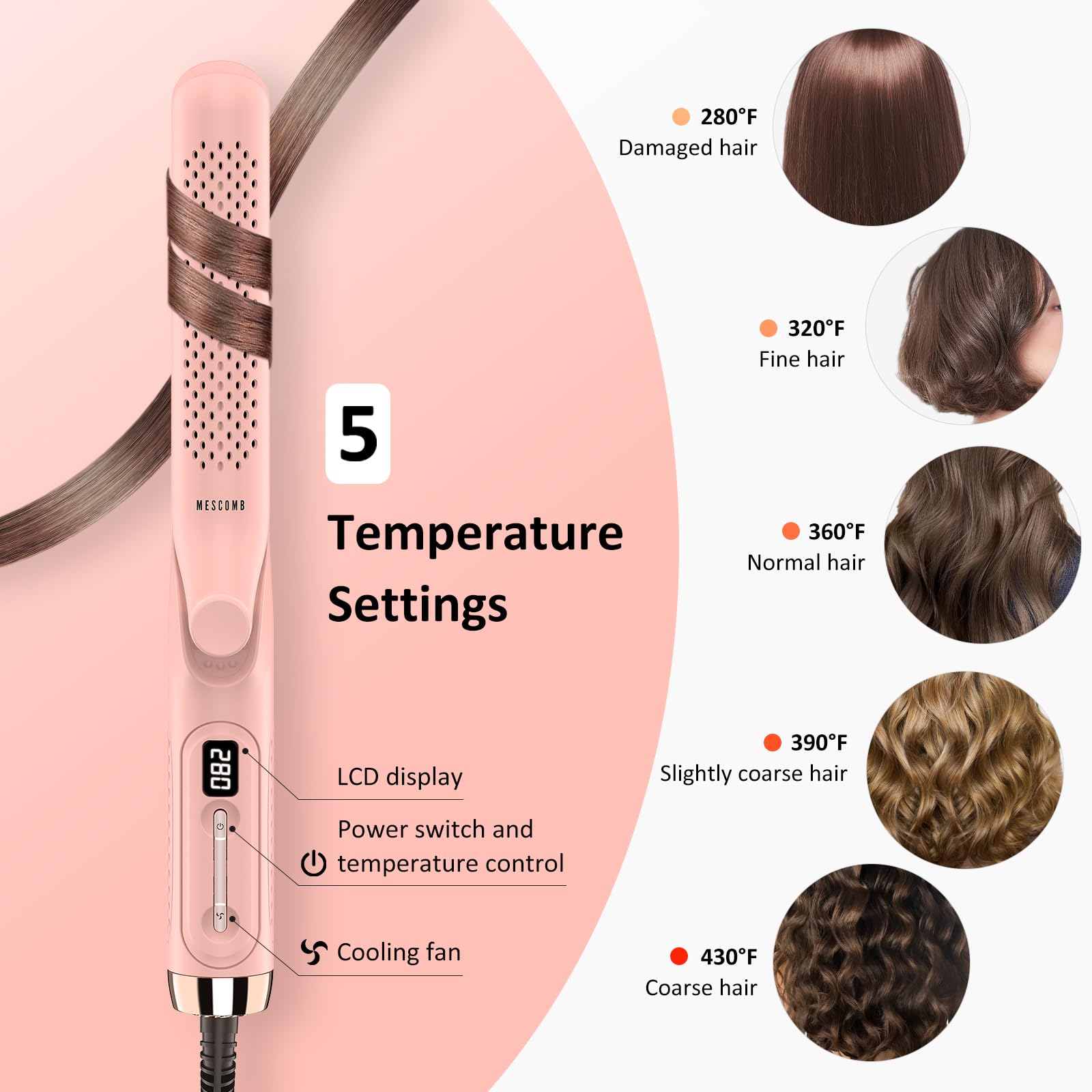 MESCOMB 360° Airflow Styler temperature control lets you tailor heat for fine to coarse hair.