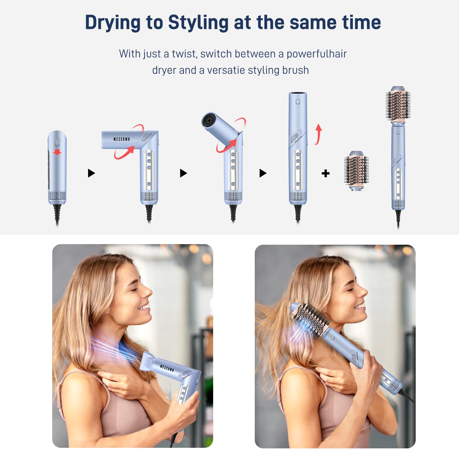 MESCOMB hot air multi-styler two 1-inch curlers enable versatile curling options.