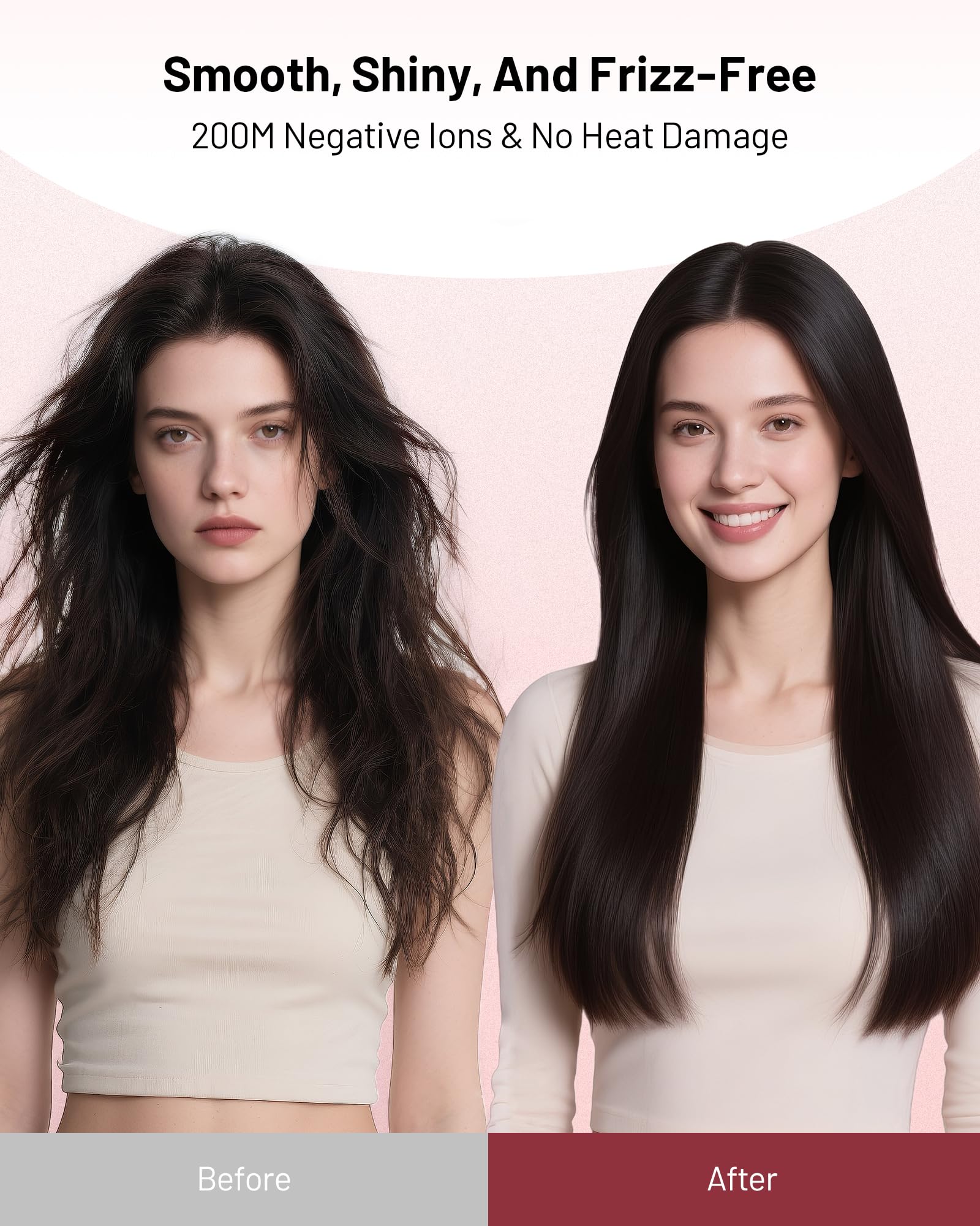 MESCOMB ionic diffuser image illustrating frizz reduction and shine boost.