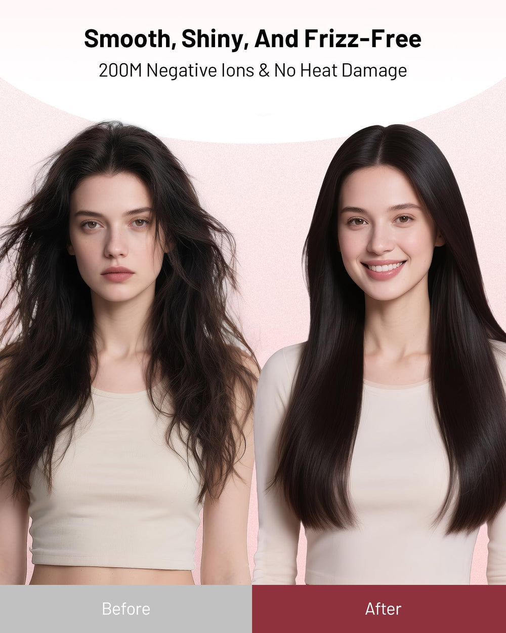 MESCOMB ionic diffuser image illustrating frizz reduction and shine boost.