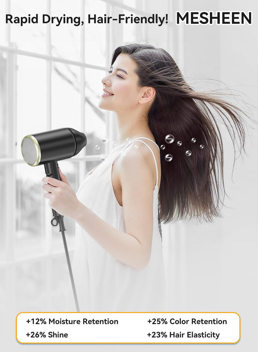 MESHEEN hair dryer folded-handle demonstrates ultra-portable, space-saving styling on the go.