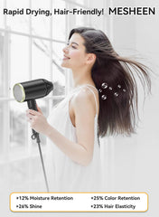 MESHEEN hair dryer folded-handle demonstrates ultra-portable, space-saving styling on the go.