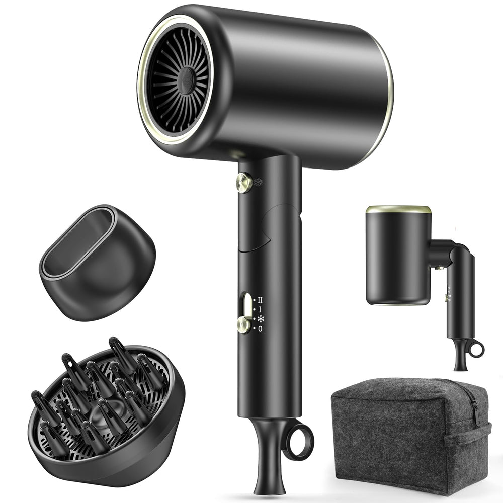 MESHEEN hair dryer front view highlighting compact design for travel and home use.