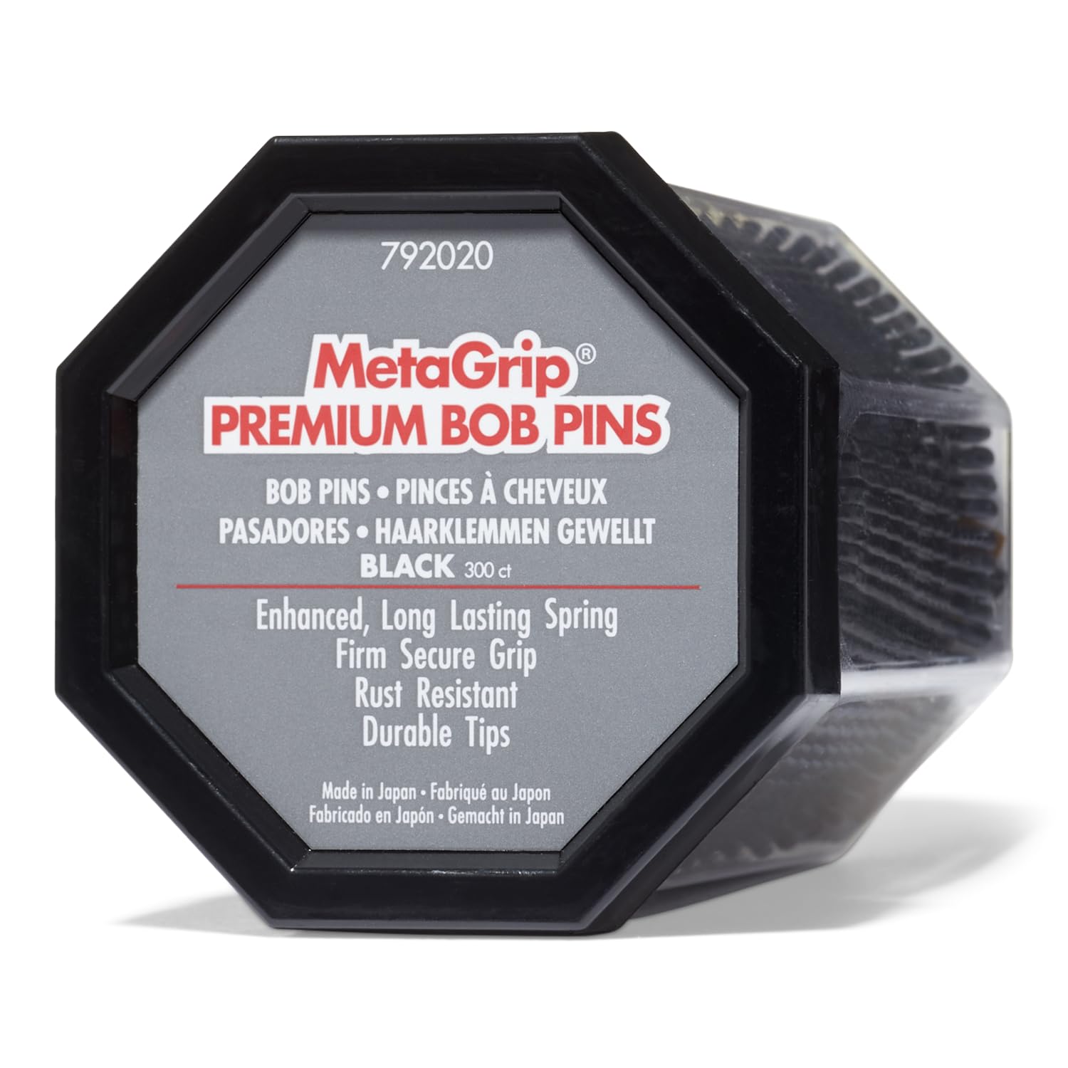 MetaGrip black premium bobby pins closeup showing sleek, slip-proof grip