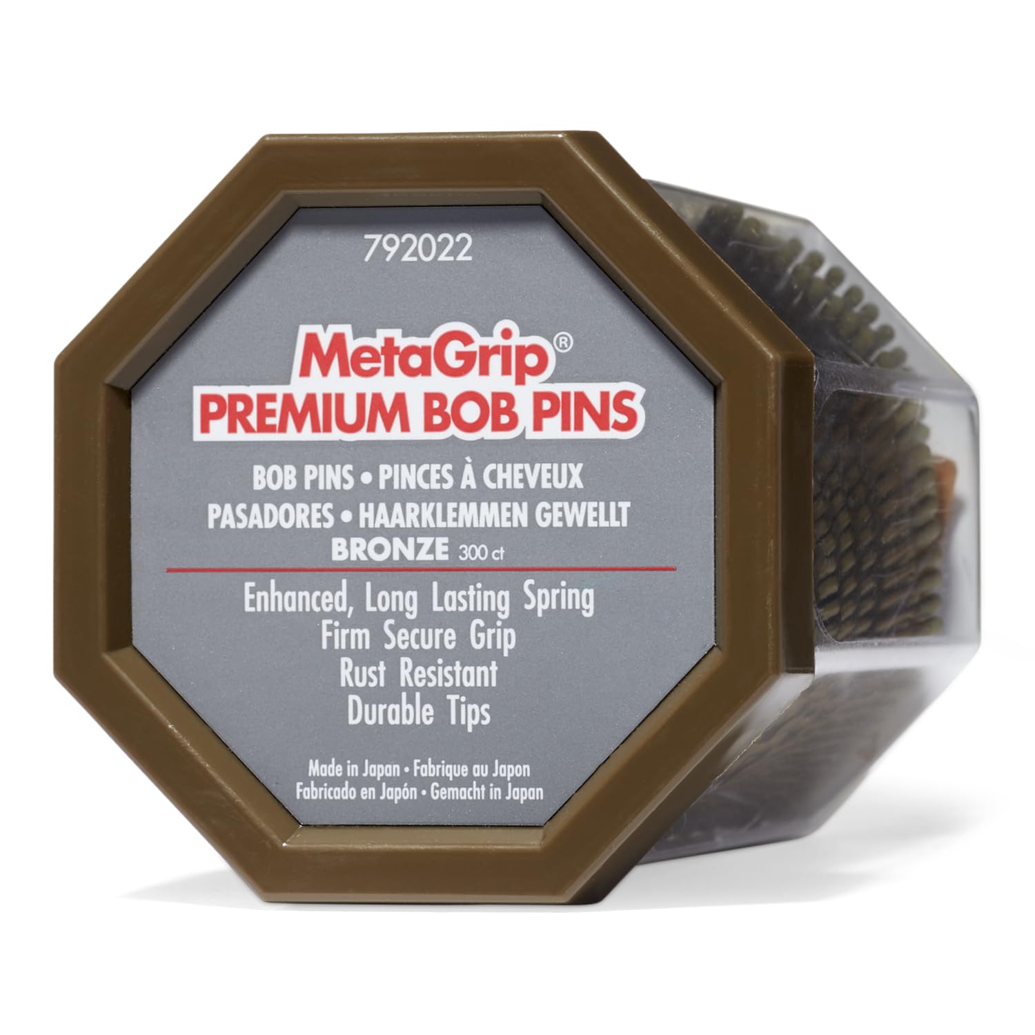 MetaGrip Bronze Bobby Pins pack shows 300-count convenience for daily styling.
