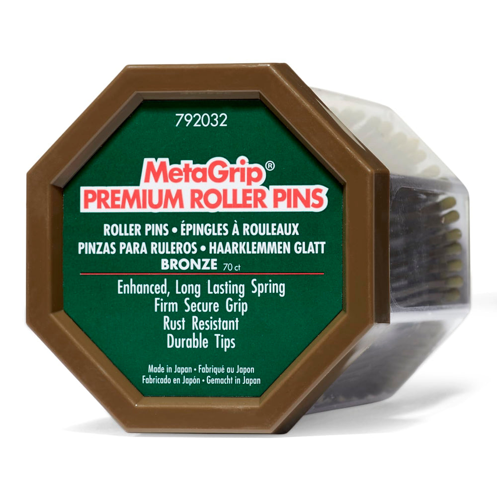 MetaGrip Bronze Premium Roller Pins pack open shows a spacious count for busy salons.