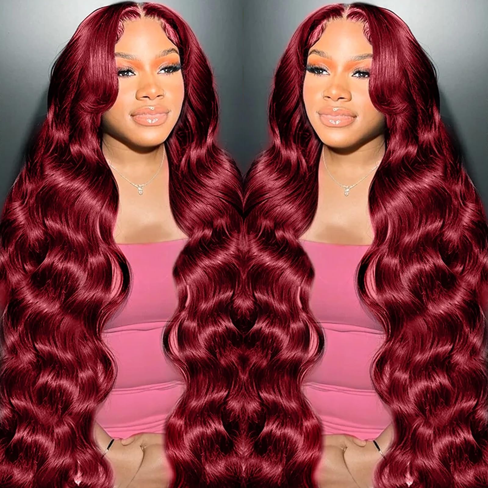METDIO 99J burgundy wig frontal view with natural lace front and seamless parting.