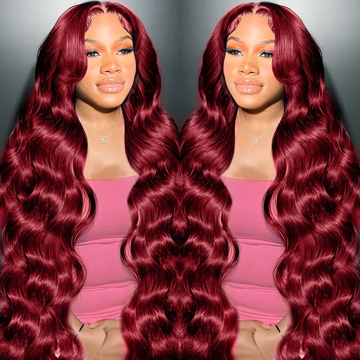 METDIO 99J burgundy wig frontal view with natural lace front and seamless parting.