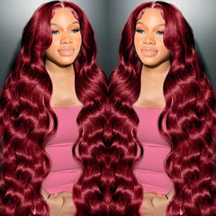 METDIO 99J burgundy wig frontal view with natural lace front and seamless parting.