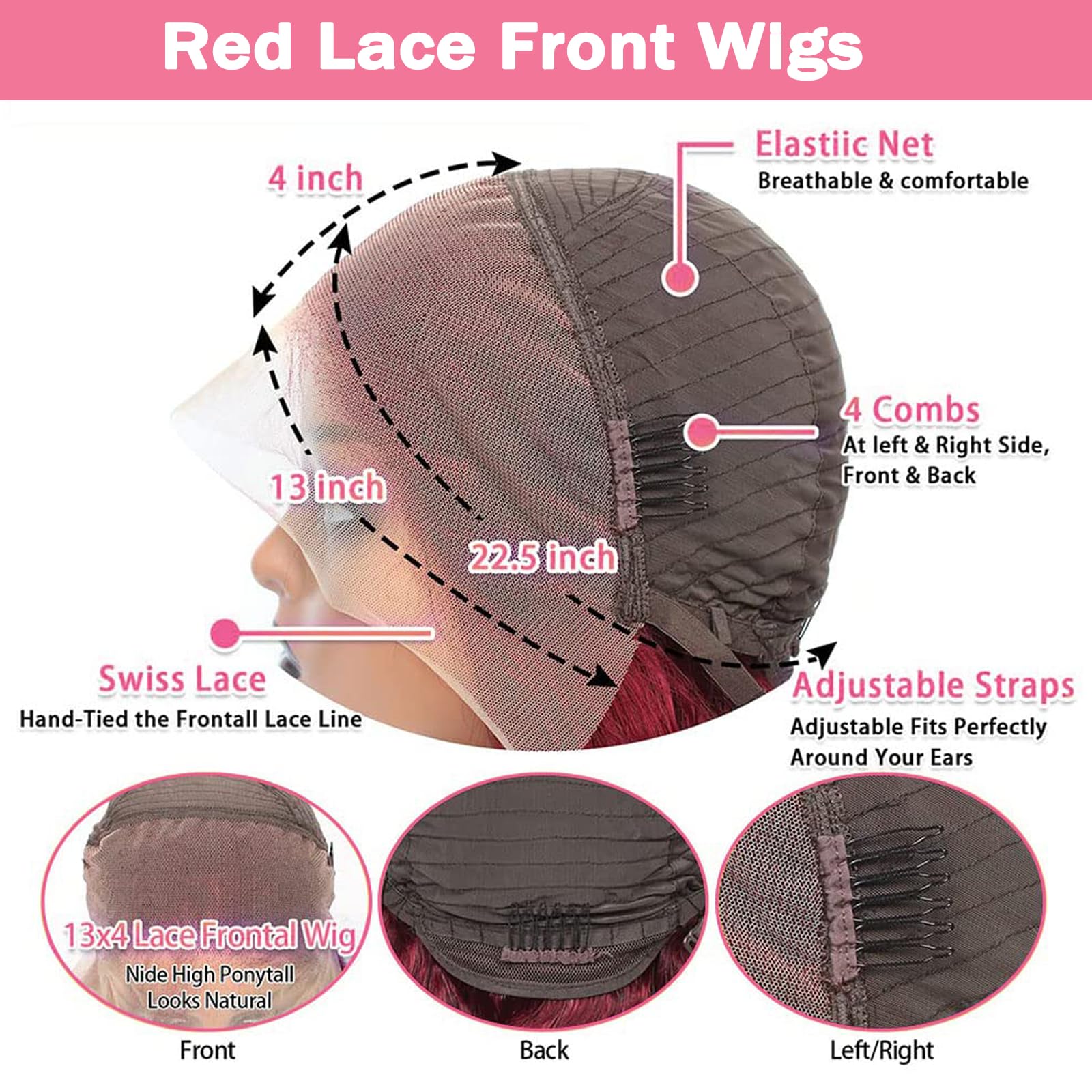 METDIO burgundy wig lace-front detail highlighting 13x4 transparent lace.