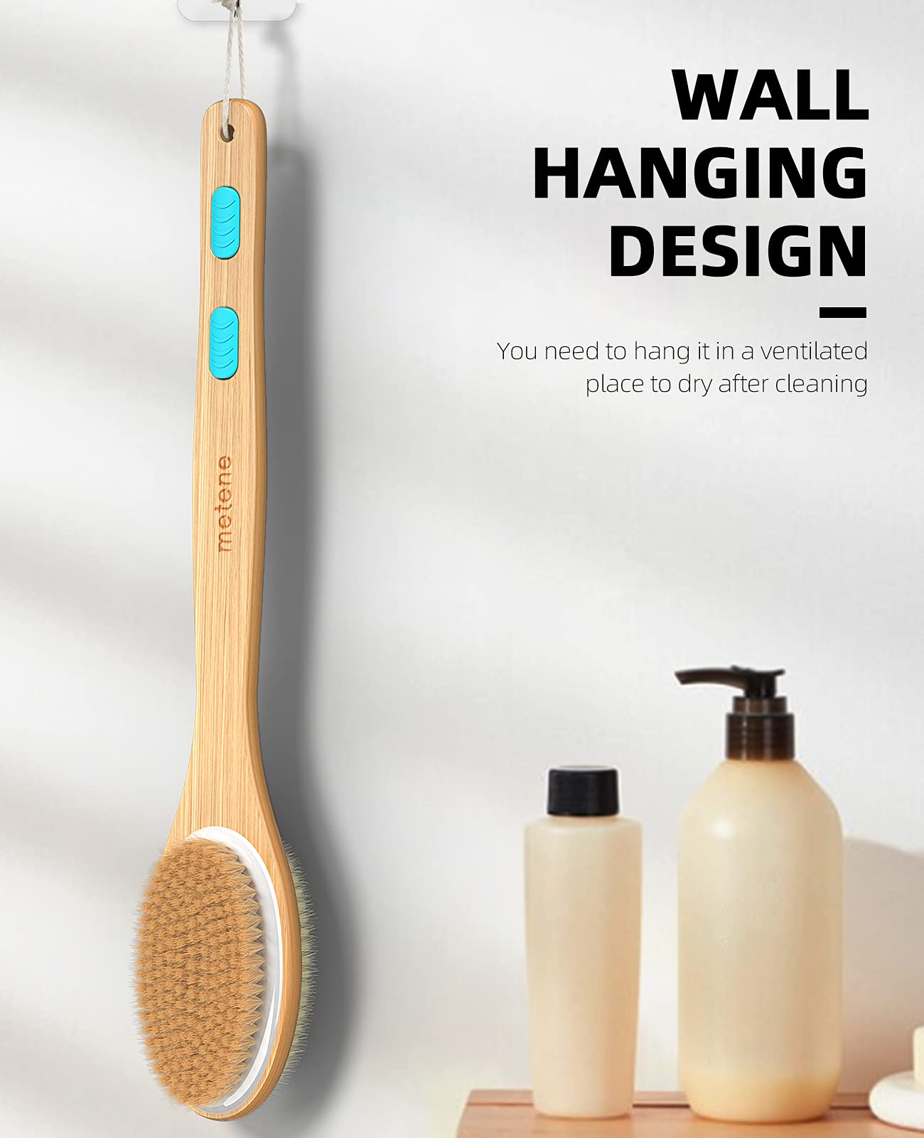 Metene shower brush includes hanging rope for easy drying and storage.