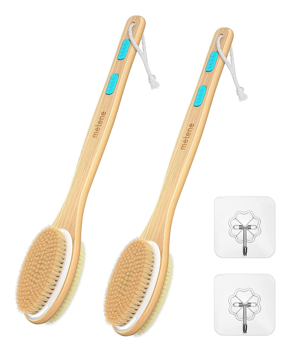 Metene shower brush with long 17-inch handle reaches the back for easy cleaning.