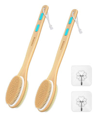Metene shower brush with long 17-inch handle reaches the back for easy cleaning.