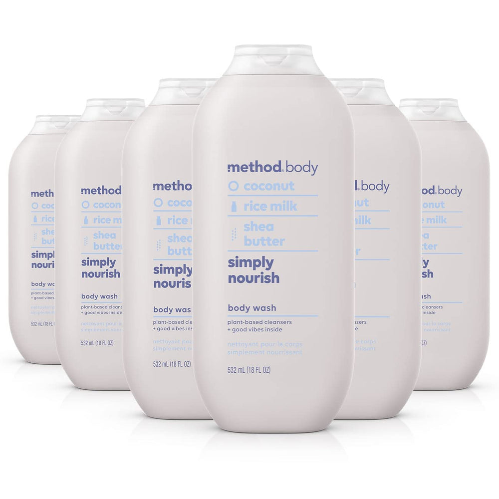 Method Simply Nourish body wash bottle front promotes gentle moisturization with coconut aroma.