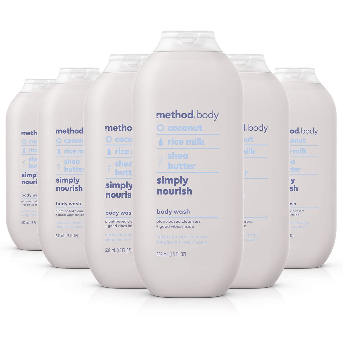 Method Simply Nourish body wash bottle front promotes gentle moisturization with coconut aroma.