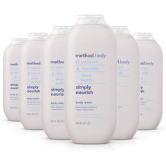 Method Simply Nourish body wash bottle front promotes gentle moisturization with coconut aroma.