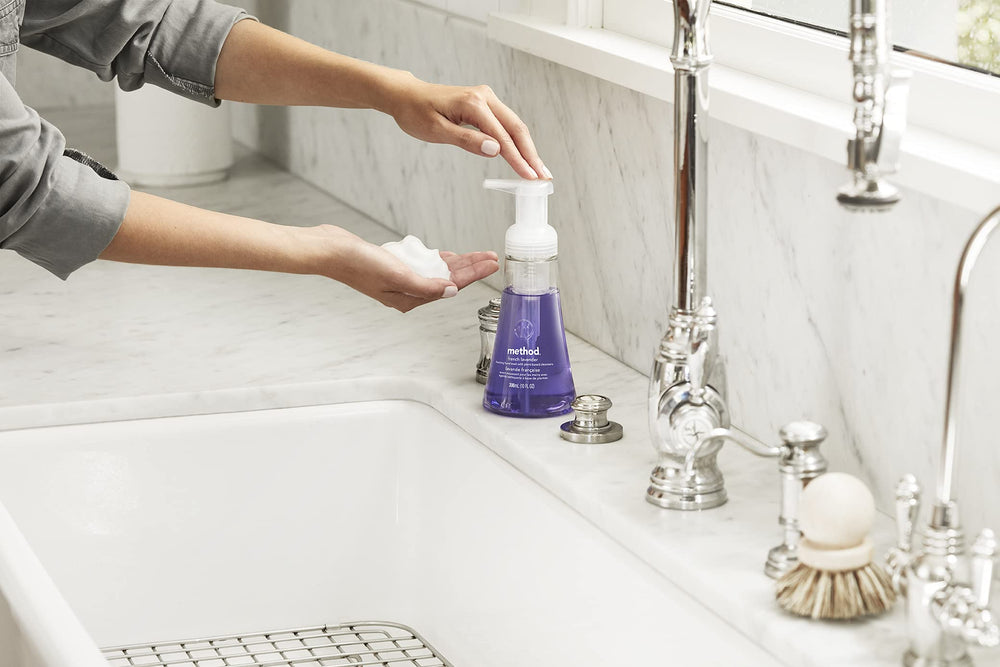 Method Foaming Hand Soap Lemon Mint label highlights paraben-free formula on packaging.