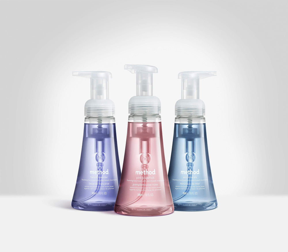 Method Foaming Hand Soap Lemon Mint pack-top view emphasizes compact three-pack storage.