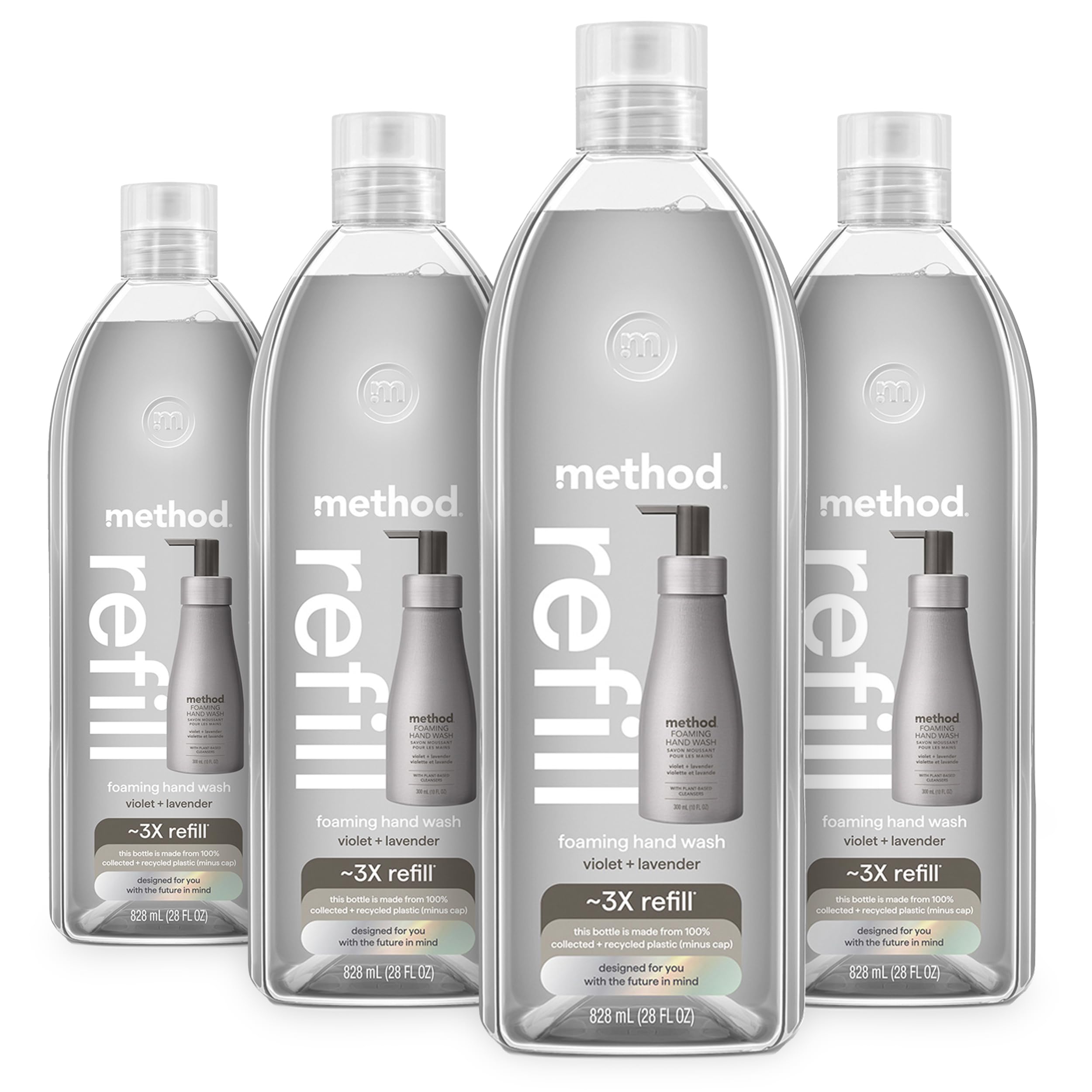 Method foaming hand soap refill pack four bottles shows refill-ready packaging for less plastic waste.