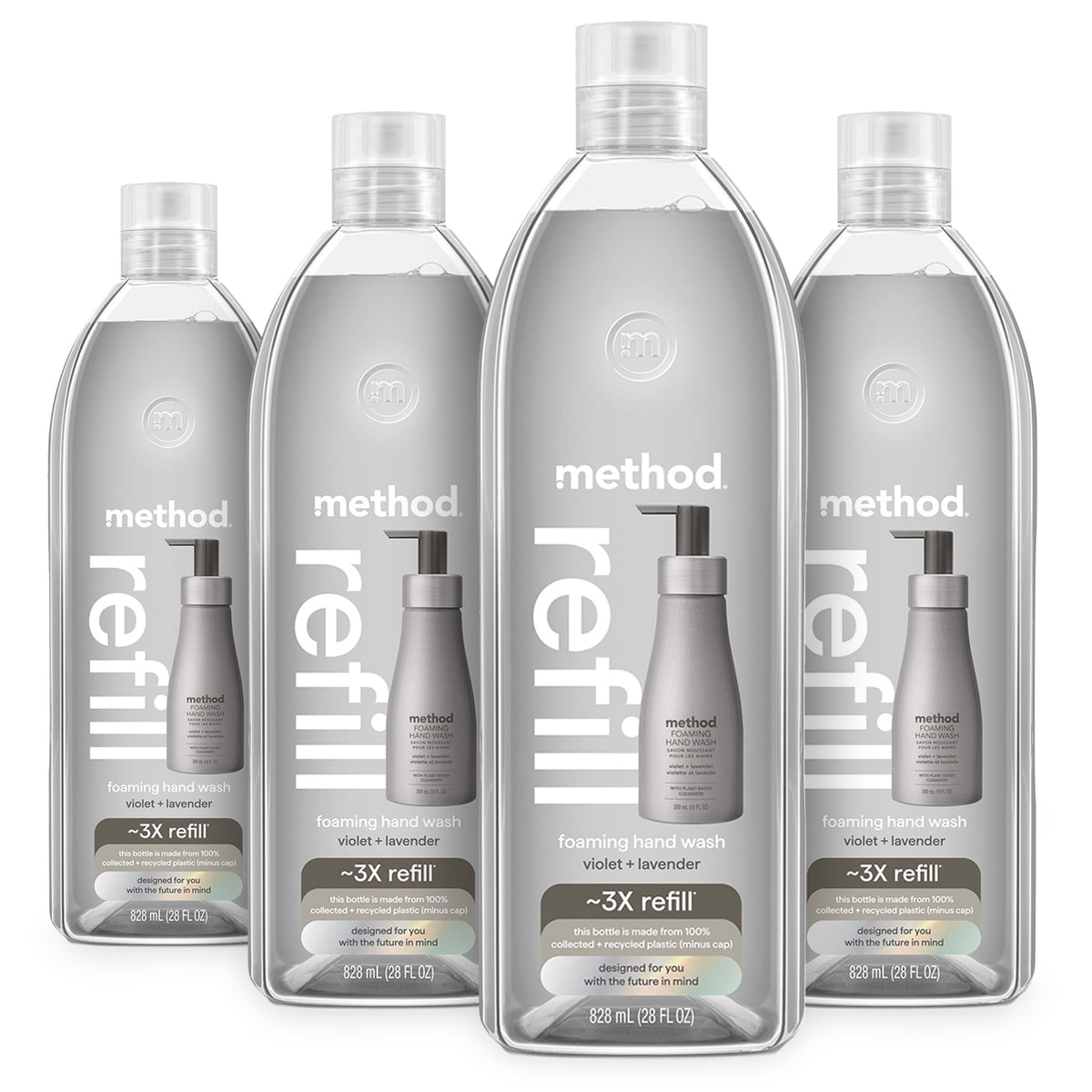 Method foaming hand soap refill pack four bottles shows refill-ready packaging for less plastic waste.