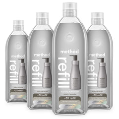Method foaming hand soap refill pack four bottles shows refill-ready packaging for less plastic waste.
