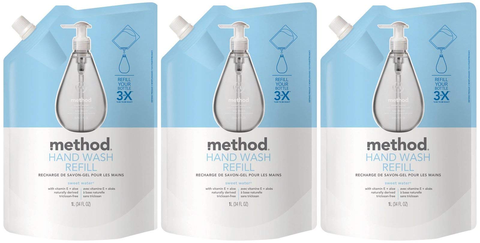 Method Gel Hand Soap Refill Sweet Water bottle pour, quick refill convenience.