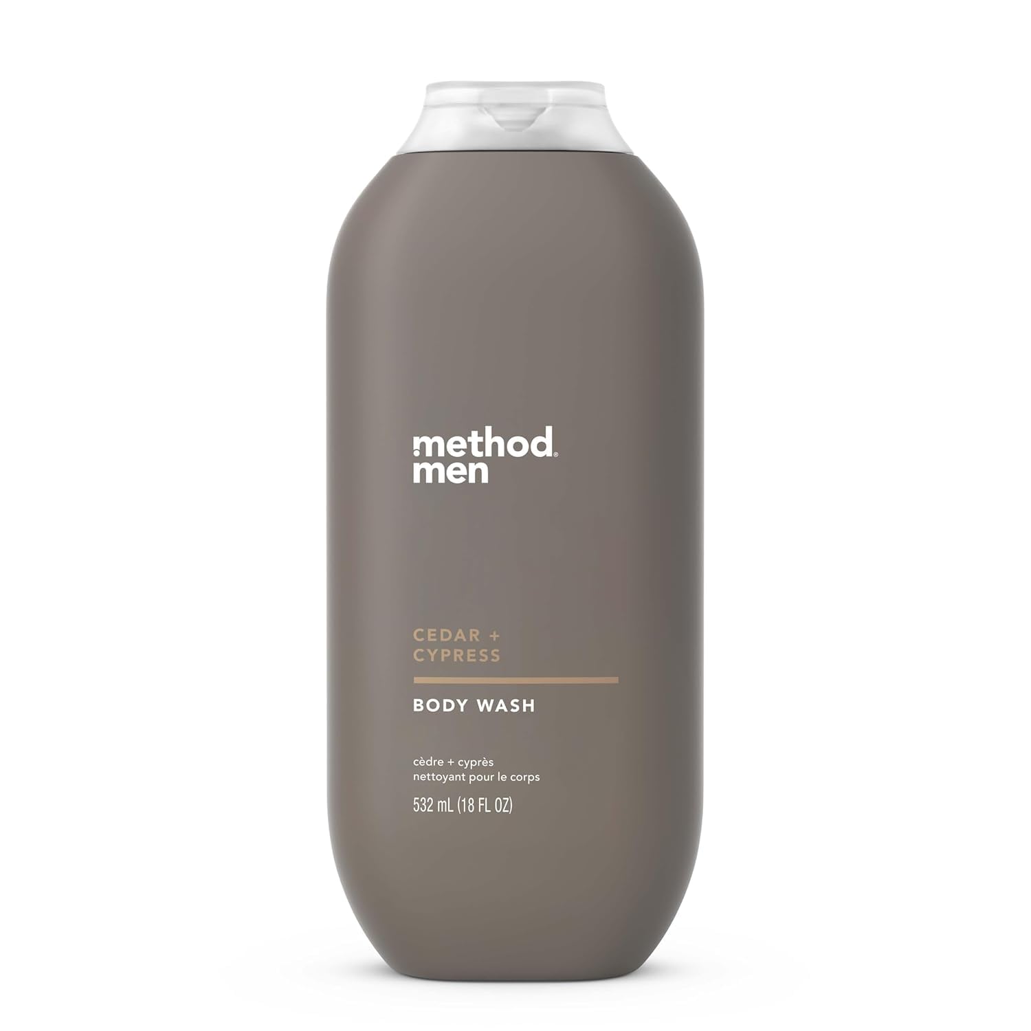 Method Men Cedar Cypress bottle highlights recycled-plastic packaging for eco-conscious showers.