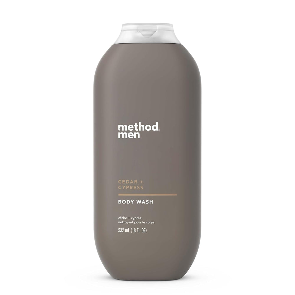 Method Men Cedar Cypress bottle highlights recycled-plastic packaging for eco-conscious showers.
