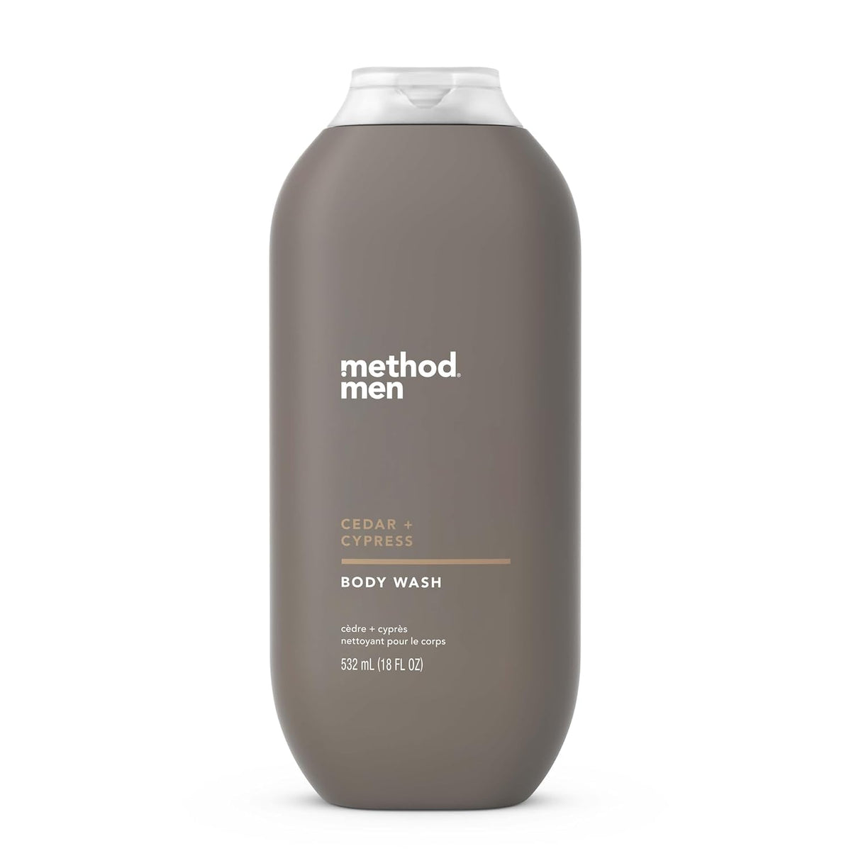 Method Men Cedar Cypress bottle highlights recycled-plastic packaging for eco-conscious showers.