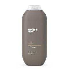 Method Men Cedar Cypress bottle highlights recycled-plastic packaging for eco-conscious showers.