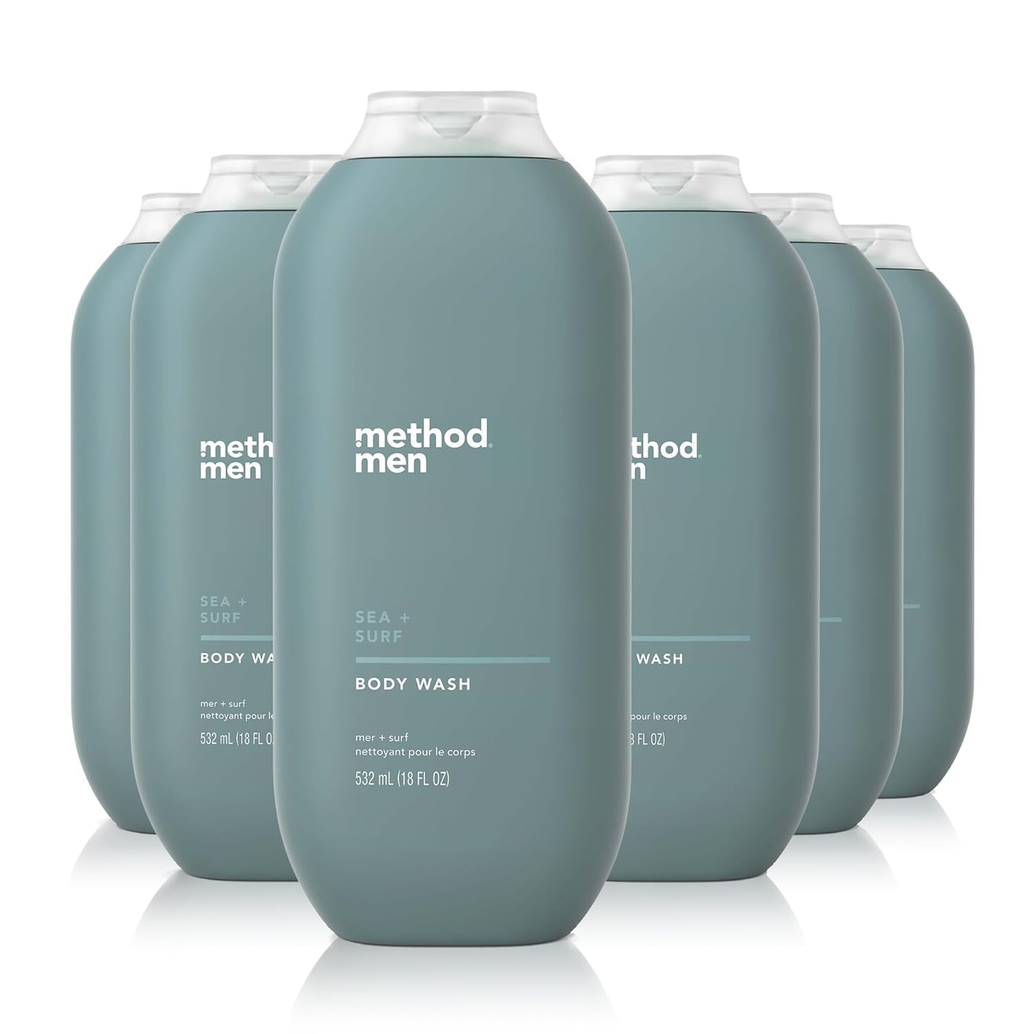 Method Men Sea + Surf body wash bottle front shows fresh paraben-free cleansing for daily grooming