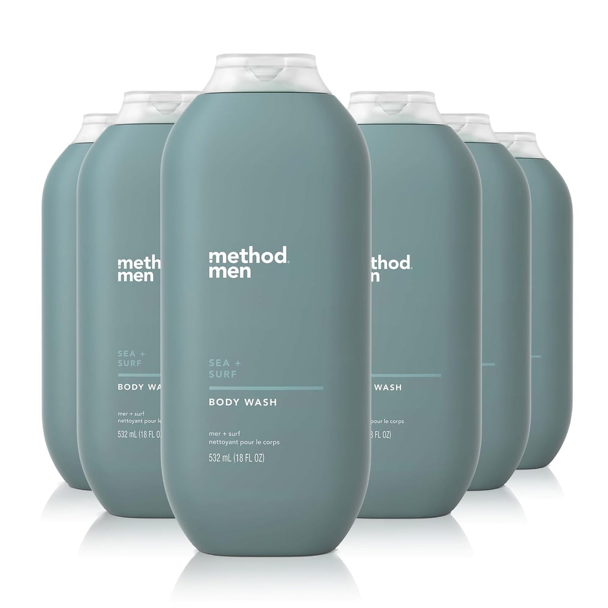 Method Men Sea + Surf body wash bottle front shows fresh paraben-free cleansing for daily grooming