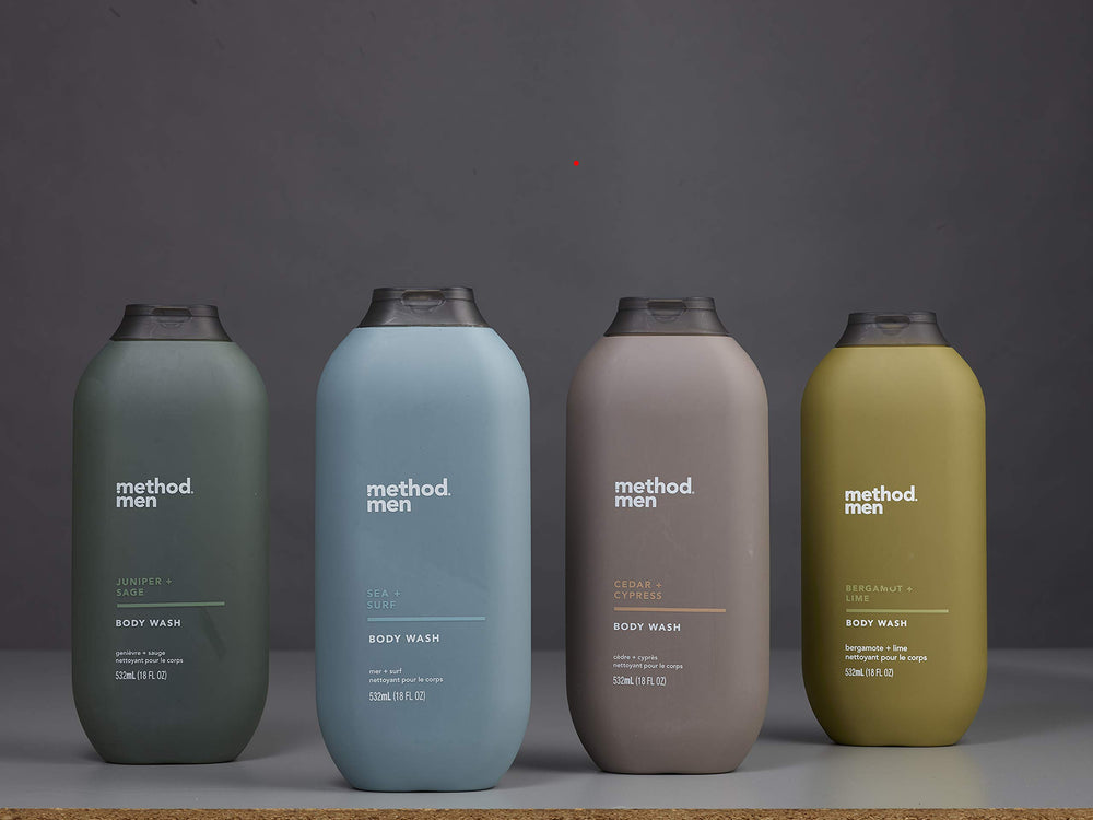 Method Men Juniper Sage angled bottle view emphasizes easy pour and quick rinse.