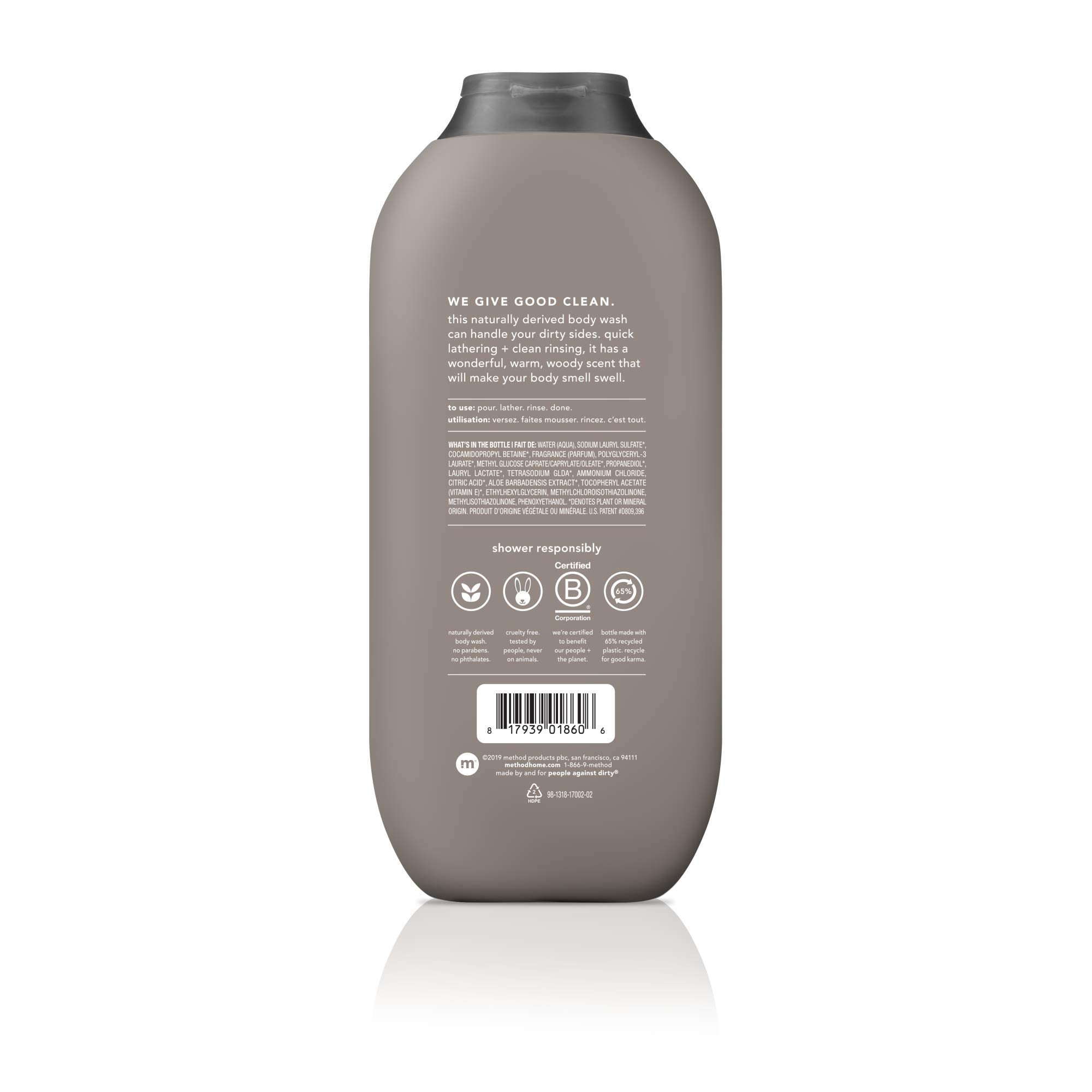 Method Men Juniper Sage bottle closeup shows paraben-free gentle cleansing.