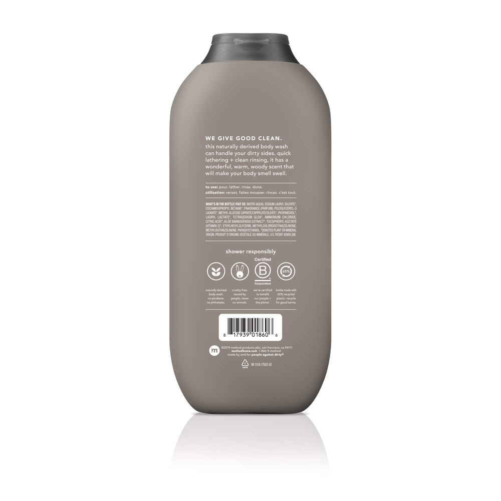 Method Men Juniper Sage bottle closeup shows paraben-free gentle cleansing.
