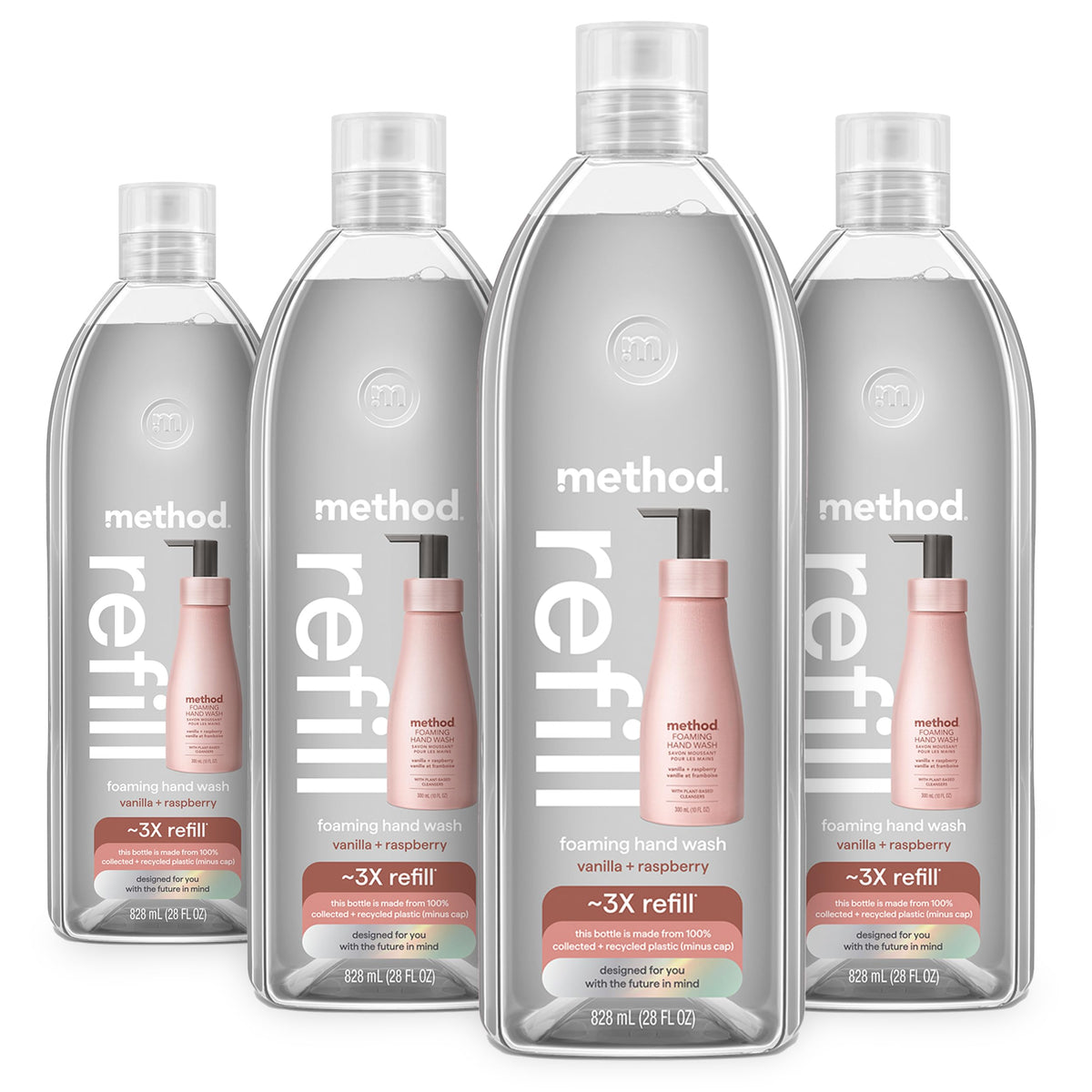 Method premium foaming hand wash refill packaging highlights eco-friendly design and vanilla-raspberry scent.
