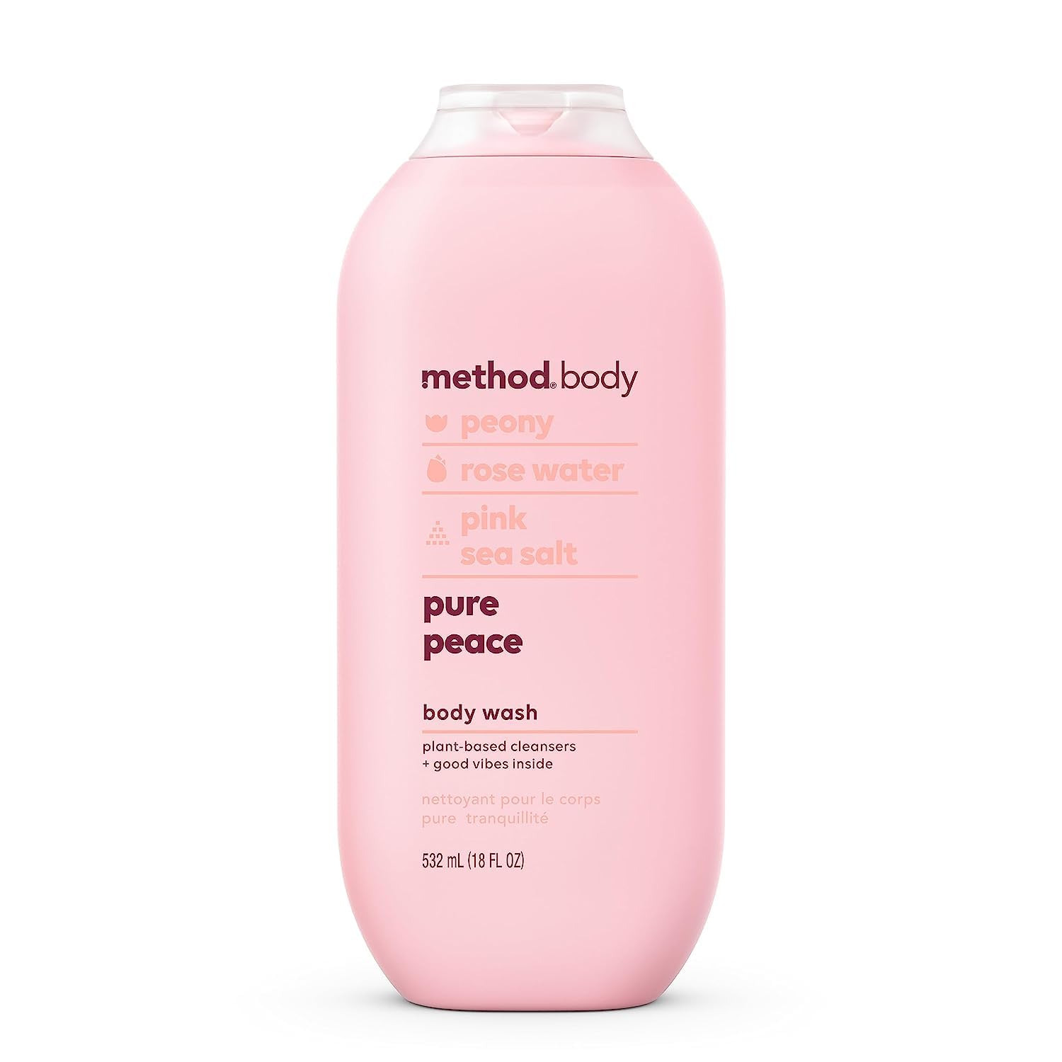 Method Pure Peace bottle close-up showcasing soothing aroma and skin softness.