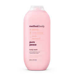 Method Pure Peace bottle close-up showcasing soothing aroma and skin softness.