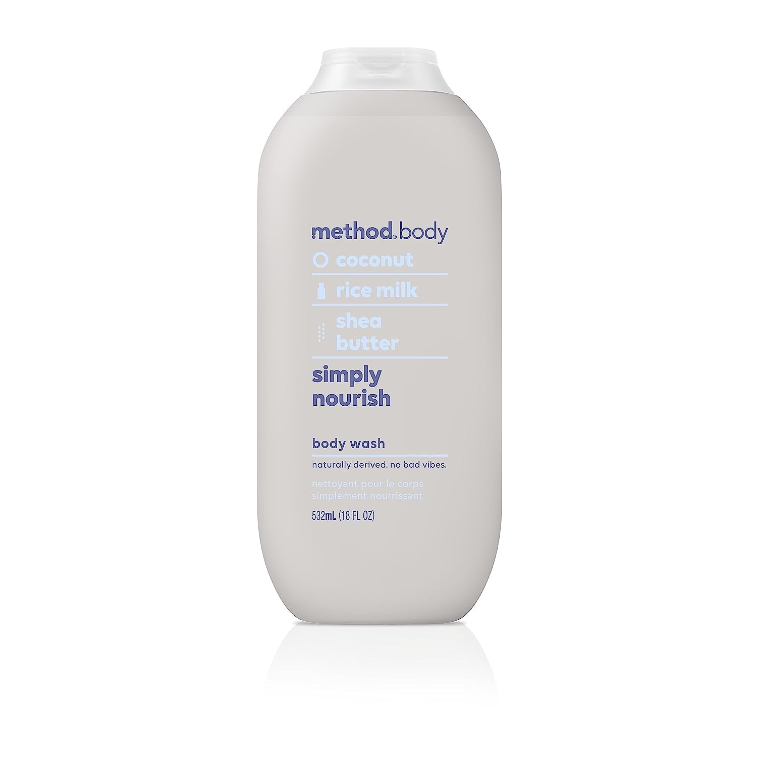 Method Simply Nourish bottle close-up emphasizing nourishment and 24-hour moisture.