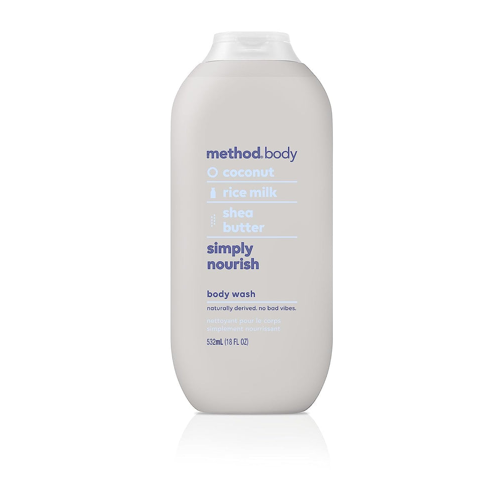 Method Simply Nourish bottle close-up emphasizing nourishment and 24-hour moisture.
