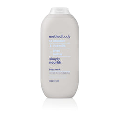 Method Simply Nourish bottle close-up emphasizing nourishment and 24-hour moisture.