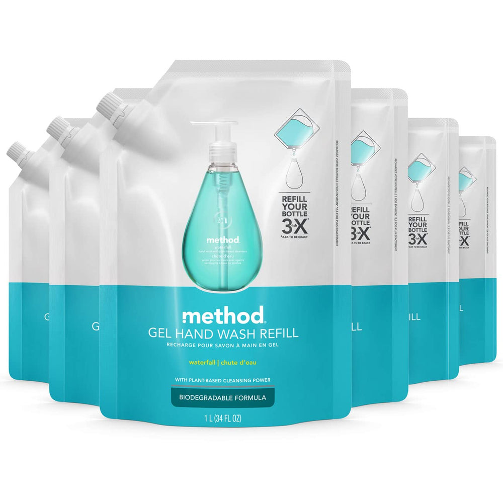 Method Waterfall refill pouches demonstrate a plastic-saving handwash option.
