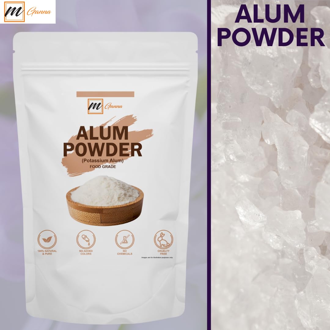 mGanna alum powder labeled as 100% natural and chemical-free benefits