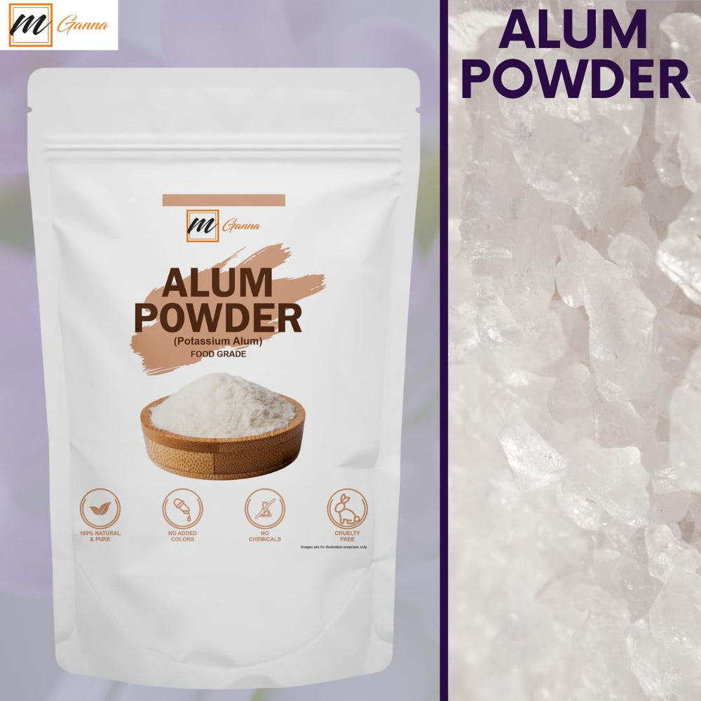 mGanna alum powder labeled as 100% natural and chemical-free benefits
